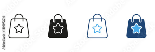Shopping Bag With Star Line And Solid Icon Set. Retail, E-Commerce, And Loyalty Program Outline And Silhouette Symbol Collection. Customer Rewards. Isolated Vector Illustration