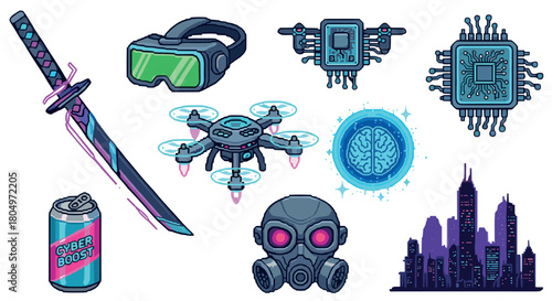 Set of futuristic cyberpunk illustrations in a retro pixel art style featuring a drone, katana, microchip, gas mask, and a night city, perfect for gaming or tech concepts