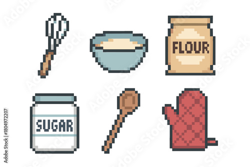 Charming set of pixel art icons featuring essential baking ingredients and kitchen utensils like flour, sugar, a mixing bowl, whisk, spoon, and an oven mitt in a retro style