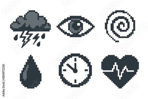 Set of monochrome pixel art icons representing stress, anxiety, and mental health concepts like a storm cloud, eye, spiral, clock, and heartbeat, isolated