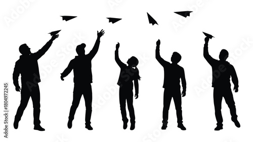 Silhouettes of people throwing paper airplanes isolated on white background, Vector