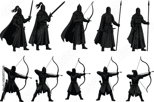 Black Silhouette Set of Vintage Sailing Ships and Galleons with Masts and Rigging on White Background