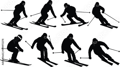 Dynamic black silhouette set of skiers speeding downhill with poles and winter gear for extreme sports design vector illustration collection. (20 words)