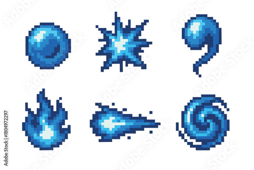 Set of blue pixel art icons representing magical energy, water spells, and fantasy effects like fireballs and explosions, designed as assets for a retro 8-bit video game