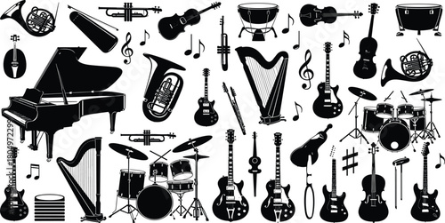 Musical Instruments Silhouette Vector Set Featuring Piano Guitars Drums and Orchestral Objects Isolated on White
