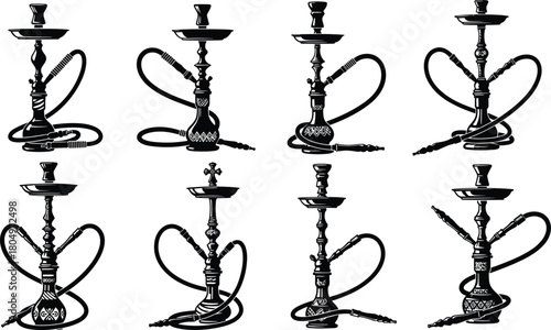 Set of Traditional Arabic Shisha Hookah Black Silhouettes Isolated on White Background Vector Illustration