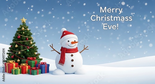 Merry christmas eve snowman christmas tree gifts holiday season festive winter wonderland celebration scene -christmas eve