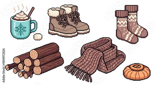 Collection of cozy winter essentials including hot chocolate, boots, socks, firewood, and a scarf, all rendered in a charming retro pixel art style on an isolated background