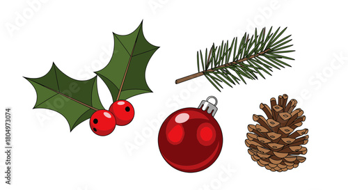 Festive holiday cheer featuring holly berries, a bright red bauble, a pinecone, and a lush evergreen bough, perfect for seasonal design and joyful projects