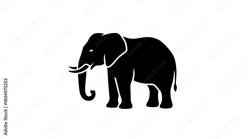 Fototapeta premium Elephant silhouette, black vector icon style, simple shape, clean cut, white background, no shadow, no text, no gradient, high contrast, minimal design, stock illustration style, transparent grid bac