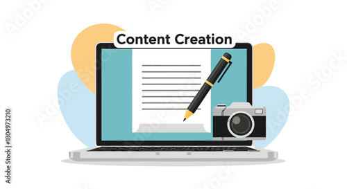 Engaging content creation concept with laptop, pen, and camera for modern digital marketing, content strategy, social media, and professional creative projects