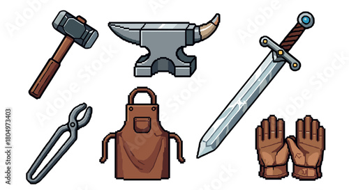 Pixel art icon set of blacksmithing tools including a hammer, anvil, sword, tongs, apron, and gloves, designed as assets for a fantasy RPG video game or retro illustration