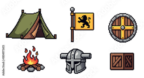 Set of retro 8-bit pixel art assets for a fantasy role-playing game, featuring a knight's helmet, shield, campfire, tent, lion banner, and a supply crate isolated on white