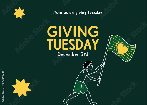 Giving Tuesday Illustration with Figure Holding Flag and Text on Dark Green Background for Charitable Campaigns