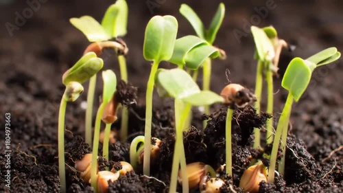 A close-up macro shot of several young green seedlings sprouting from rich, dark soil.