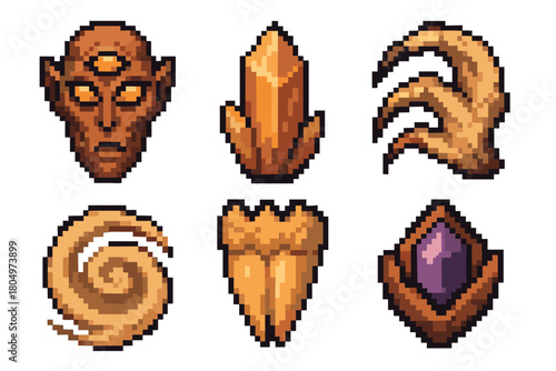 Set of six pixel art icons for a fantasy RPG video game, including a monster head, crystal, claw, spell, and gem, all isolated in a retro 8-bit style