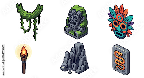 Vibrant collection of jungle adventure elements, including an isometric mossy idol, a colorful tribal mask, a flaming torch, hanging vines, rocks, and a snake tablet illustration