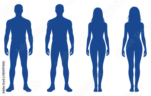 Standing man woman body silhouette set showing neutral human posture for anatomy, fitness, health illustrations and character reference in a clean minimal vector outline style suitable for educational