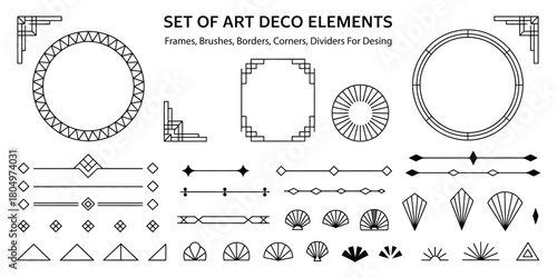 art deco vector design set with geometric frames, corners, dividers, and pattern brushes featuring round and rectangular