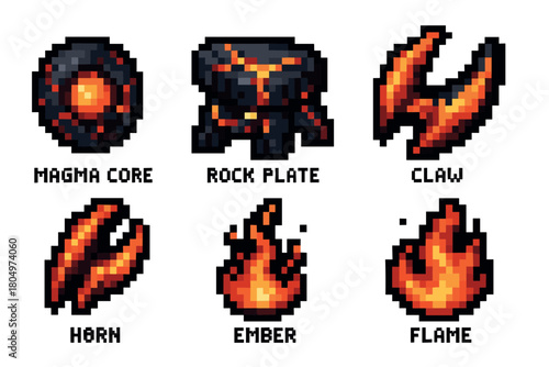 Isolated collection of 8-bit video game assets with a volcanic theme, showing a glowing magma core, lava rock, fiery claw, horn, ember, and flame sprite icons for a fantasy RPG