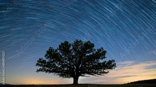 A solitary tree silhouetted against a night sky with mesmerizing star trails from a long exposure.