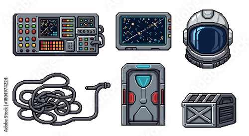 Collection of retro pixel art icons for a science fiction video game, featuring an astronaut helmet, control panel, star map, and futuristic equipment isolated