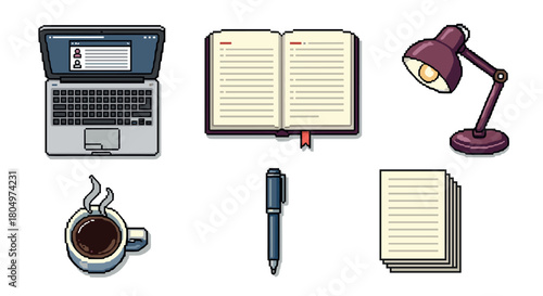 Pixel art icon set of office and study items including a laptop, book, desk lamp, coffee, pen, and paper, isolated for a retro digital or gaming theme