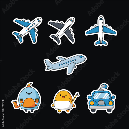 Vector set of transportation icons featuring airplane, jet, helicopter, and other aircraft design elements for travel and aviation