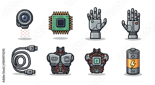 Collection of robotic and technology icons including a camera, microchip, cyborg hands, torso, cable, and battery, illustrated in a bold, graphic style