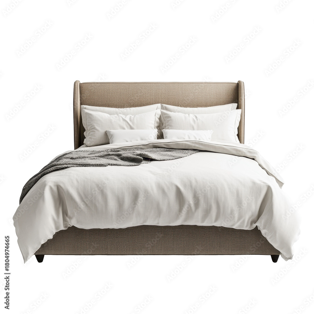 Obraz premium A cozy bed with smooth white linen and inviting pillows, perfect for restful sleep, isolated on transparent background