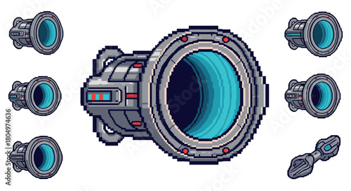 Collection of futuristic sci-fi weapon or engine assets in a retro pixel art style, featuring a large central cannon and smaller components isolated