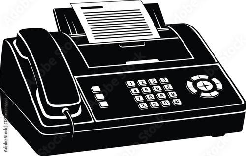 Fax machine vector illustration, black and white office equipment icon, retro business communication technology, telephone handset with paper document silhouette.