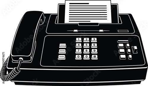 Fax machine vector illustration, black and white office telephone, retro business communication equipment, paper document transmission icon, silhouette design.