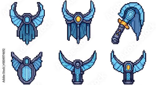 Collection of fantasy video game assets in a pixel art style, featuring blue winged emblems, magical shields, and an ornate axe, isolated