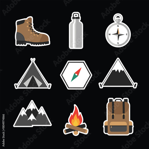 Collection of outdoor adventure and camping icons including boots, water bottle, compass, tents, mountains, campfire, and backpack.