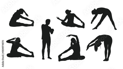 Silhouettes of people exercising and stretching isolated on white background, Vector