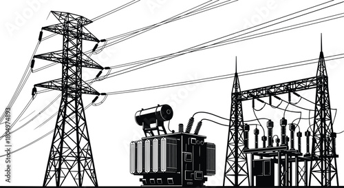 High voltage electric substation vector illustration, transmission tower with transformer, power grid infrastructure, industrial energy distribution system, black and white.