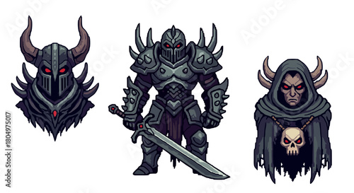 Set of dark fantasy pixel art characters for a video game, featuring an evil knight in full armor, a horned helmet, and a sinister sorcerer with a skull amulet