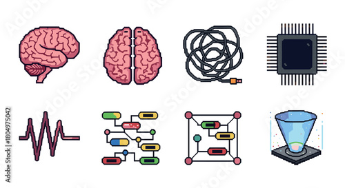 Set of retro 8-bit pixel art icons for technology and science, featuring a human brain, computer chip, network diagram, and tangled cable
