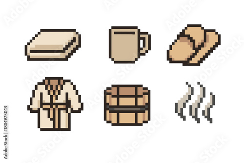Set of pixel art icons for a spa, sauna, or bathhouse theme, featuring a bathrobe, towel, slippers, mug, wooden bucket, and steam, isolated in a retro 8-bit style