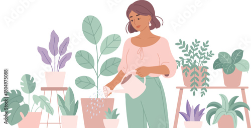 Woman Watering Potted Plants Surrounded by Greenery in her Indoor Garden on Transparent Backdrop Vector Illustration