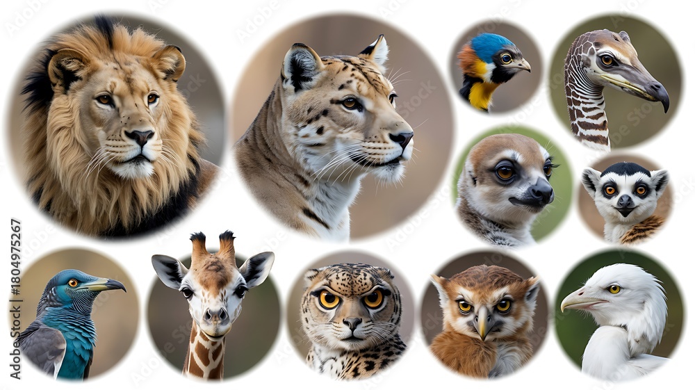 Obraz premium Diverse animal portrait collection: wildlife, felines, birds, lemurs.