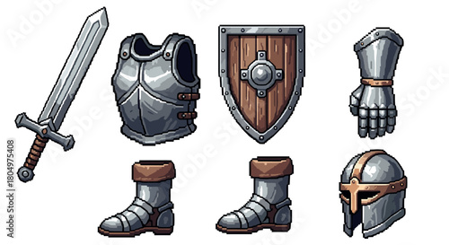 Detailed pixel art set of medieval knight armor and weapons, including a sword, shield, helmet, and gauntlet, isolated for a fantasy role-playing game