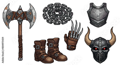 Set of fantasy barbarian or warrior equipment including a battle axe, horned helmet, and armor, illustrated in a pixel art style for a video game, isolated
