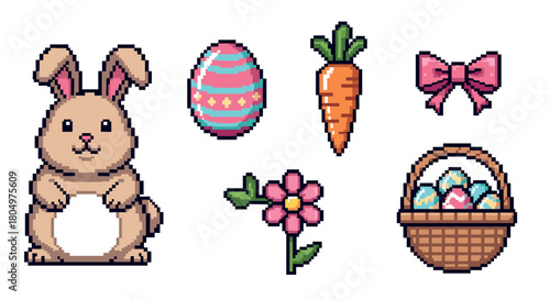 Charming collection of Easter-themed pixel art icons including a cute bunny, decorated egg, carrot, and basket, isolated in a retro 8-bit video game style