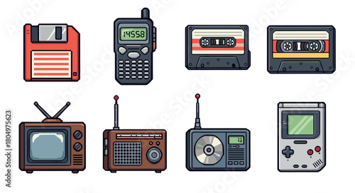 Collection of nostalgic retro technology icons from the 80s and 90s, including a floppy disk, cassette tape, television, and handheld game, isolated