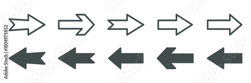 Arrow Icon Set – Left and Right Direction Arrows, Outline and Solid Vector Symbols