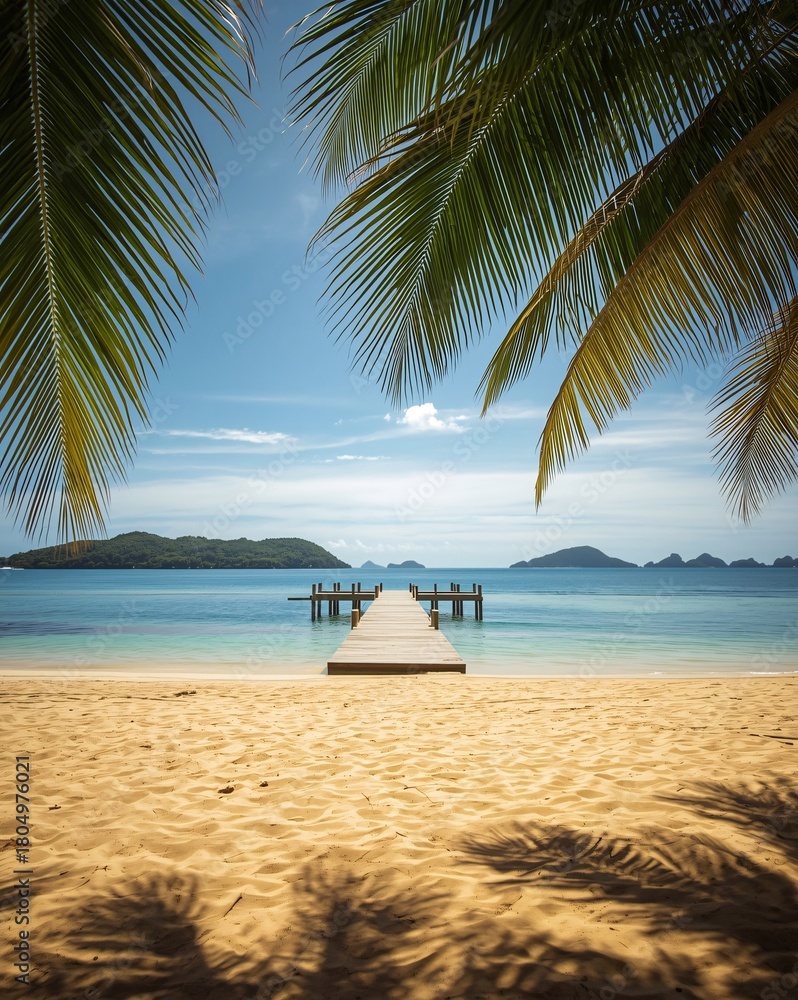 Naklejka premium A tranquil tropical beach with palm trees, wooden piers, and distant islands under a bright blue sky.