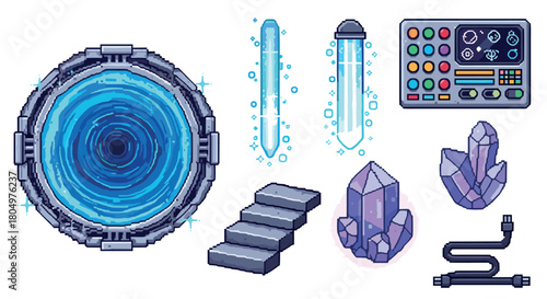 Collection of pixel art game assets for a science fiction or fantasy setting, with a swirling portal, energy crystals, a console, and other elements isolated on white
