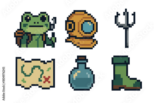 Set of pixel art game assets for an adventurer character, including a frog hero, treasure map, diving helmet, trident, potion, and boot, all isolated